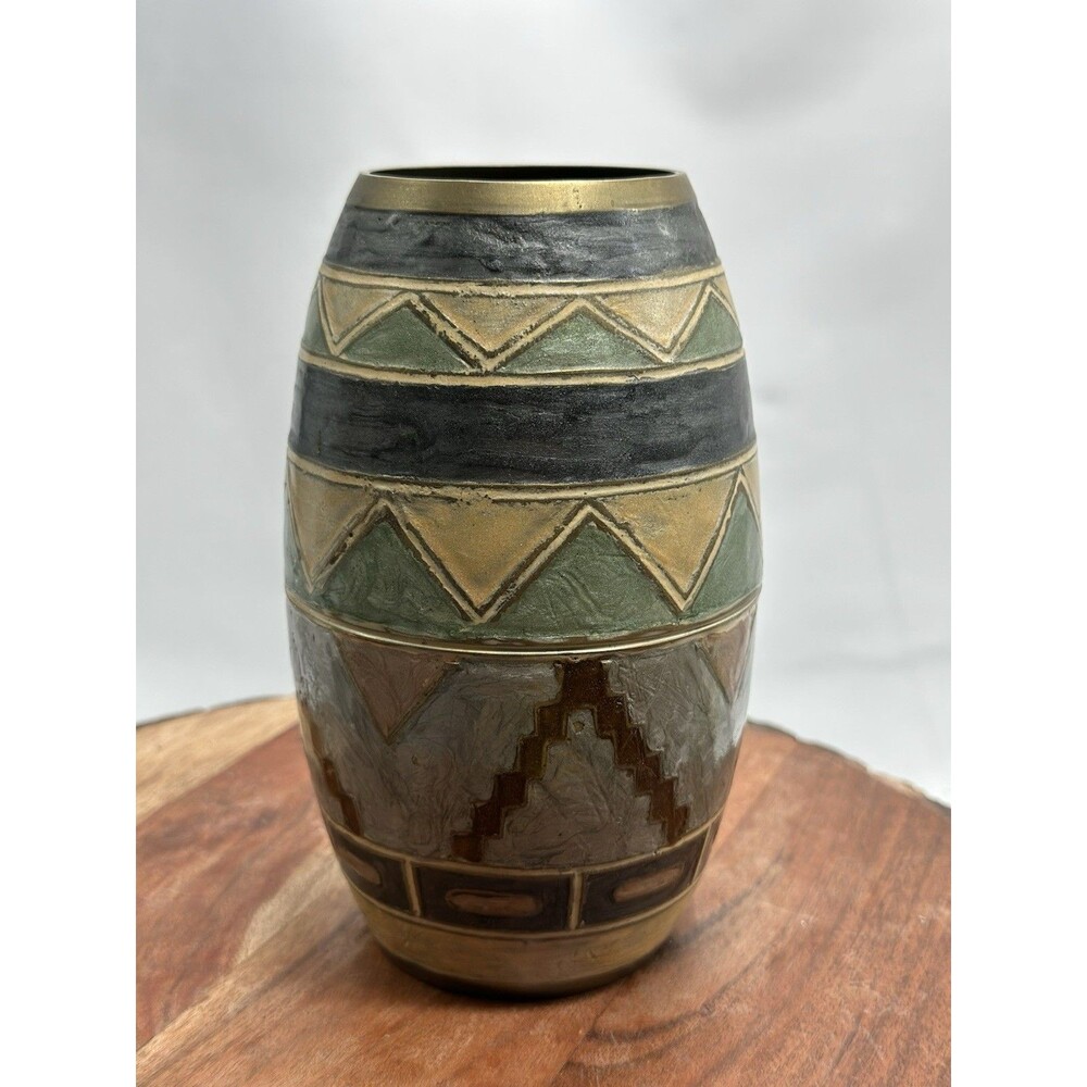Enamel on Brass Vase Abstract Southwest Design Vibrant Colors